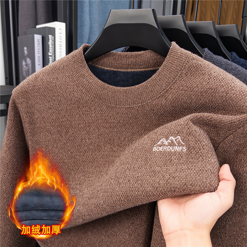 Factory Direct Half-High Collar Sweater for Men, Fleece-Lined, Thickened, Warm Winter Mid-Neck Round Neck Knit Base Shirt Versatile