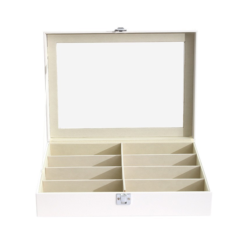 Nuevo producto blanco elegante caja de gafas de cuero de 8 dígitos con cubierta de vidrio caja de visualización de gafas de implantación de plástico para almacenar