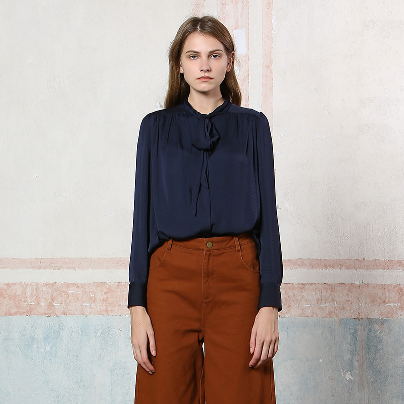 French Shirt Women's Long-Sleeved Spring and Summer Solid Color Chiffon Bow Business Commuting Top Professional Loose Women's Clothing