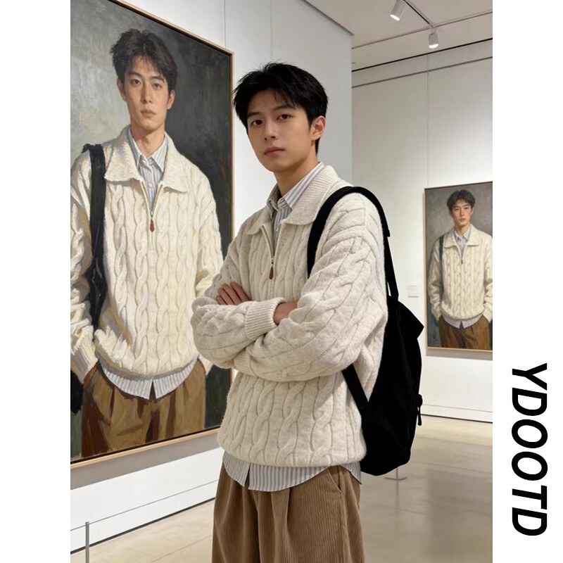 Apricot-Colored Old Money Style Polo Sweater with a Turn-Down Collar, Men's Cable Knit Half-Zip Sweater, Soft and Luxurious Feel, High-End Feel Outerwear