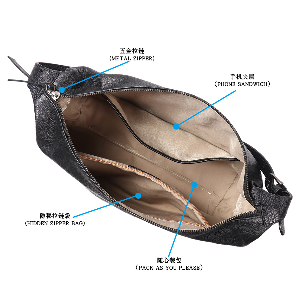 Japanese And Korean Style Simple Fashion Solid Color Shoulder Bag Top Grain Cowhide Crossbody Commuter Bag Genuine Leather Minimalist Individual Hobo Bag - Thumbnail 2