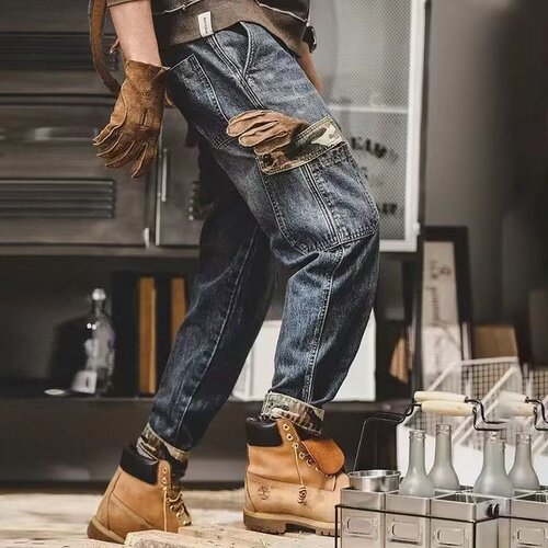 Hong Kong Style American Heavyweight Retro Jeans Men's Loose Straight Leg Trendy Brand Work Pants Men's Stone Washed Wide Leg Casual Trousers