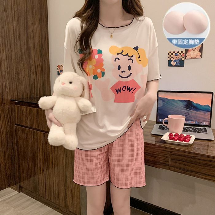 Comercio exterior transfronterizo al por mayor con almohadilla para el pecho hilo de seda de hielo pijamas de cuello redondo mujeres verano casual pantalones cortos de manga corta ropa de casa de dibujos animados