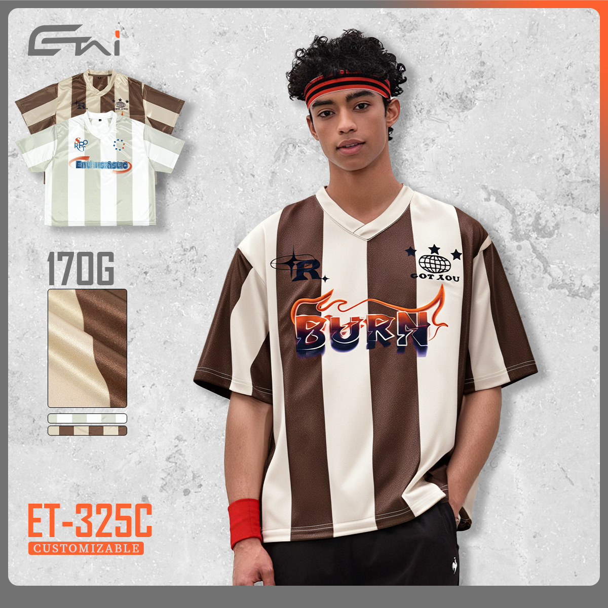 ETAI Hombre| Tide transfronterizo corto ancho modelo de fútbol cuello V manga corta de alta calidad rayas casuales camiseta de boxeo image 1