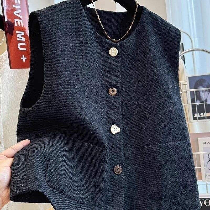 Spring and Autumn Style Round-Neck Blazer Vest Jacket for Women, French-Style Outerwear, Layered Sleeveless Vest Top