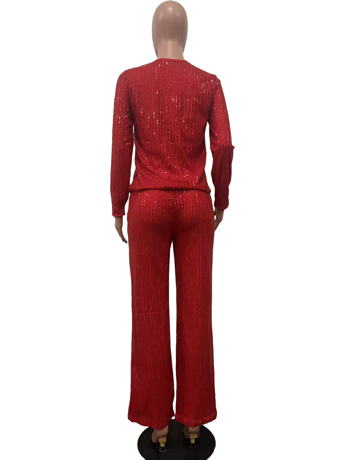 Women's Clothing new sequined solid color long sleeved trousers two piece set_voghion.com
