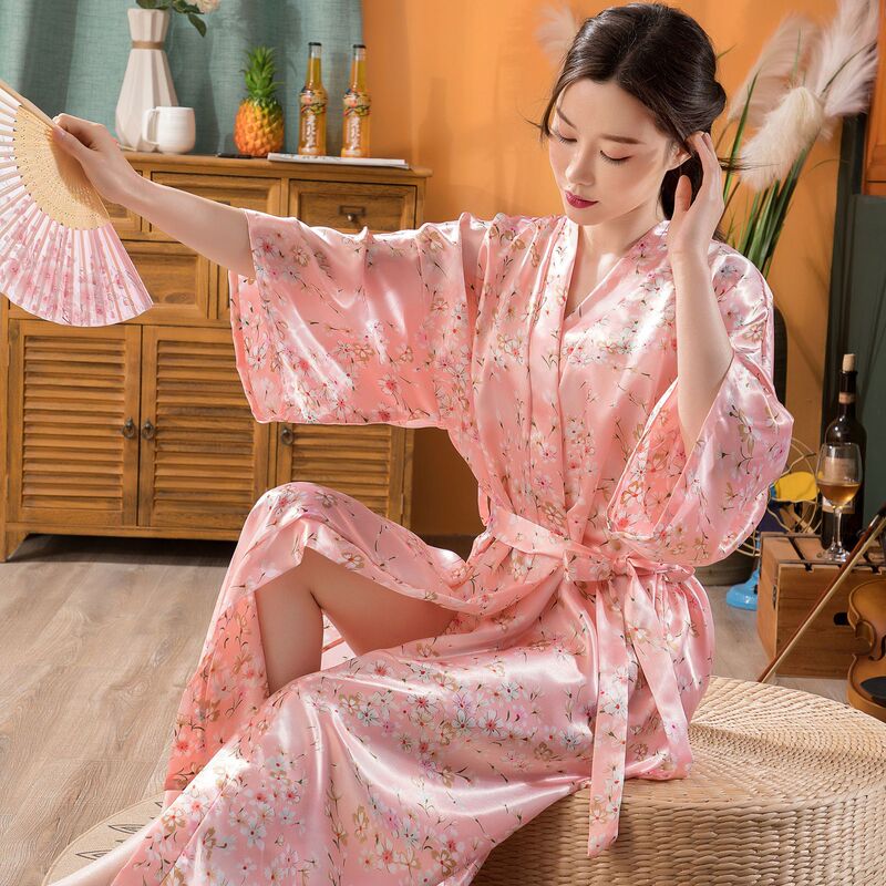 Imitation silk satin kimono bridesmaid morning robe pajamas foreign trade European and American Ice Silk large size cardigan summer sexy long bathrobe