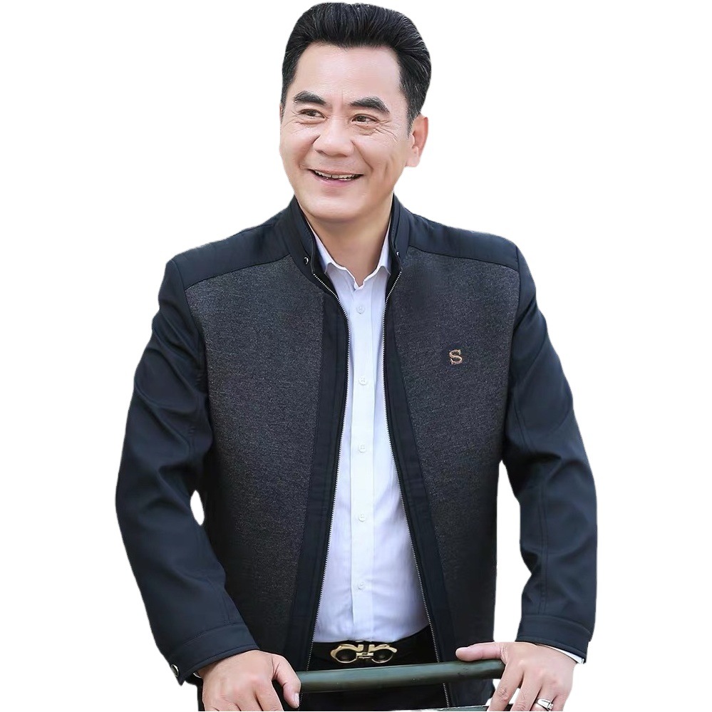 Abrigo de primavera y otoño para hombres de mediana edad y ancianos 2020 otoño e invierno con forro polar engrosado cuello de pie abrigo de padre chaqueta de hombre