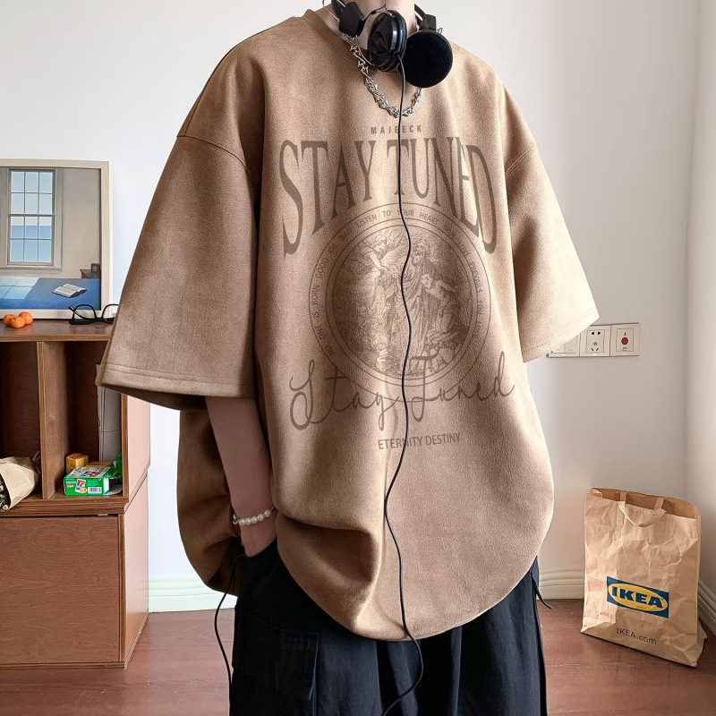 2025新款仿麂皮短袖男夏季新款美式重磅潮牌宽松半袖T恤五分袖潮|undefined