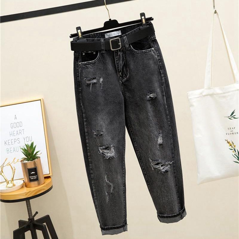 Smoke Grey Ripped Jeans Women's High Waist Slimming Straight Radish Pants Korean Loose Student Harlan Dad Pants