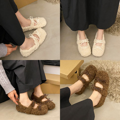 平底毛毛鞋女外穿2024秋冬新款蝴蝶結法式瑪麗珍加絨豆豆棉鞋子