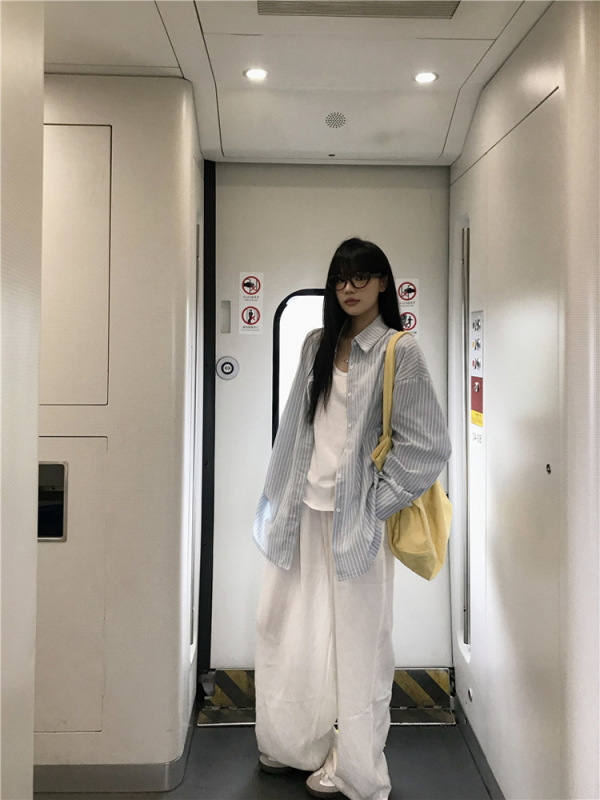 韩系松弛感廓形宽松奶蓝色条纹长袖衬衫外套上衣女春夏秋防晒衬衣|undefined