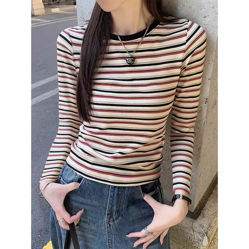 Round Neck Contrast Striped Pure Cotton Long-Sleeve T-Shirt for Women 2026 Spring and Autumn New Retro Ins Fashion Slimming Top