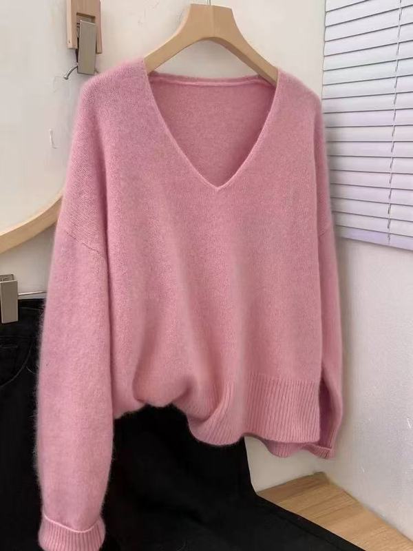 V字领毛衣修身显瘦设计经典纯色套头打底100纯羊毛针织衫女式慵懒|undefined
