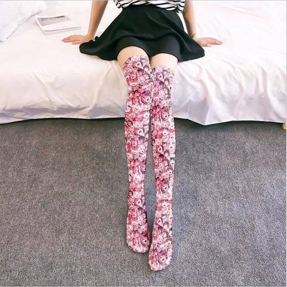 Printed Silk Stockings Thin Women's Spring and Autumn Japanese Style Lolita Cute Animation Over-the-Knee Long White Velvet Socks