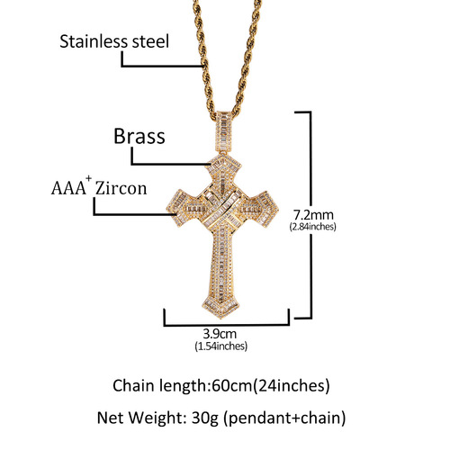 European and American hip-hop fashion brand diamond cross pendant set with zircon trendy men's necklace personalized simple cross-border jewelry
