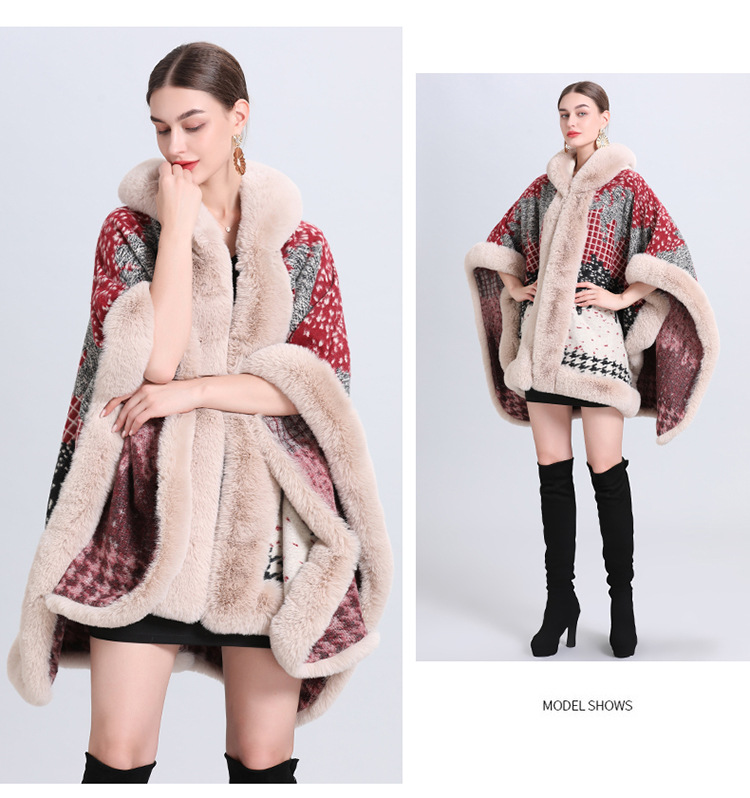 Jacquard Fransen Kapuzenumhang Cape locker gestrickte Strickjacke Übergröße Wollmantel_voghion.com