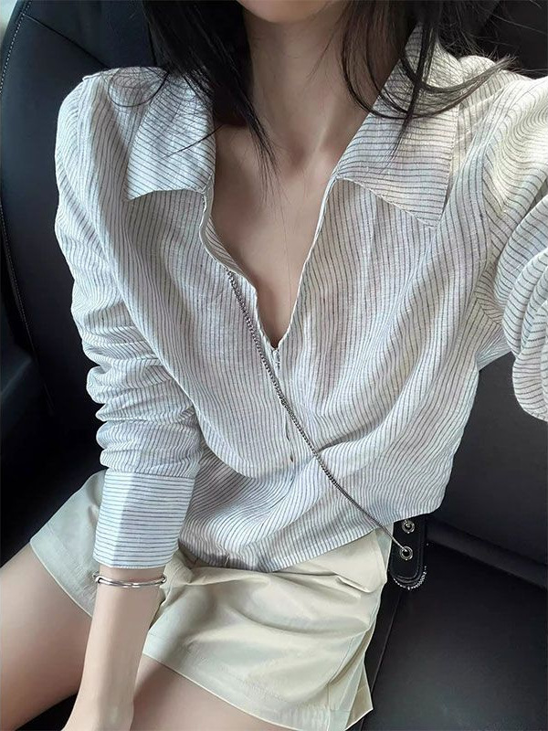 韩系气质老钱风拉条纹衬衫女设计感翻领衬衣通勤百搭宽松减龄上衣|undefined