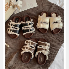 葡萄妈同款双扣一字带厚底懒人鞋露趾毛毛勃肯真皮拖鞋女秋冬外穿