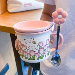 チューリップのコップのウサギの陶磁器のコップの高い顔の値のかわいい女子学生の家庭のコーヒーの朝食のコップの子供のマグカップ