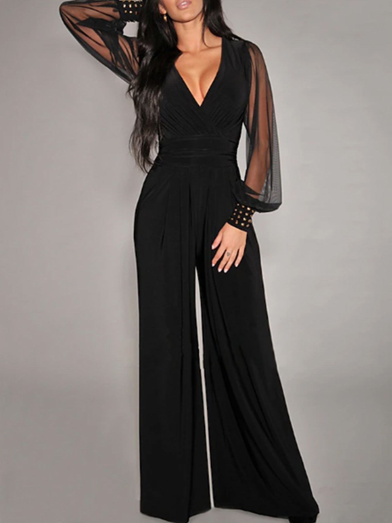 2024 transfronterizo Amazon mujer V-collar hilo de malla remaches de costura manga larga cintura recta pantalon elegante image 6