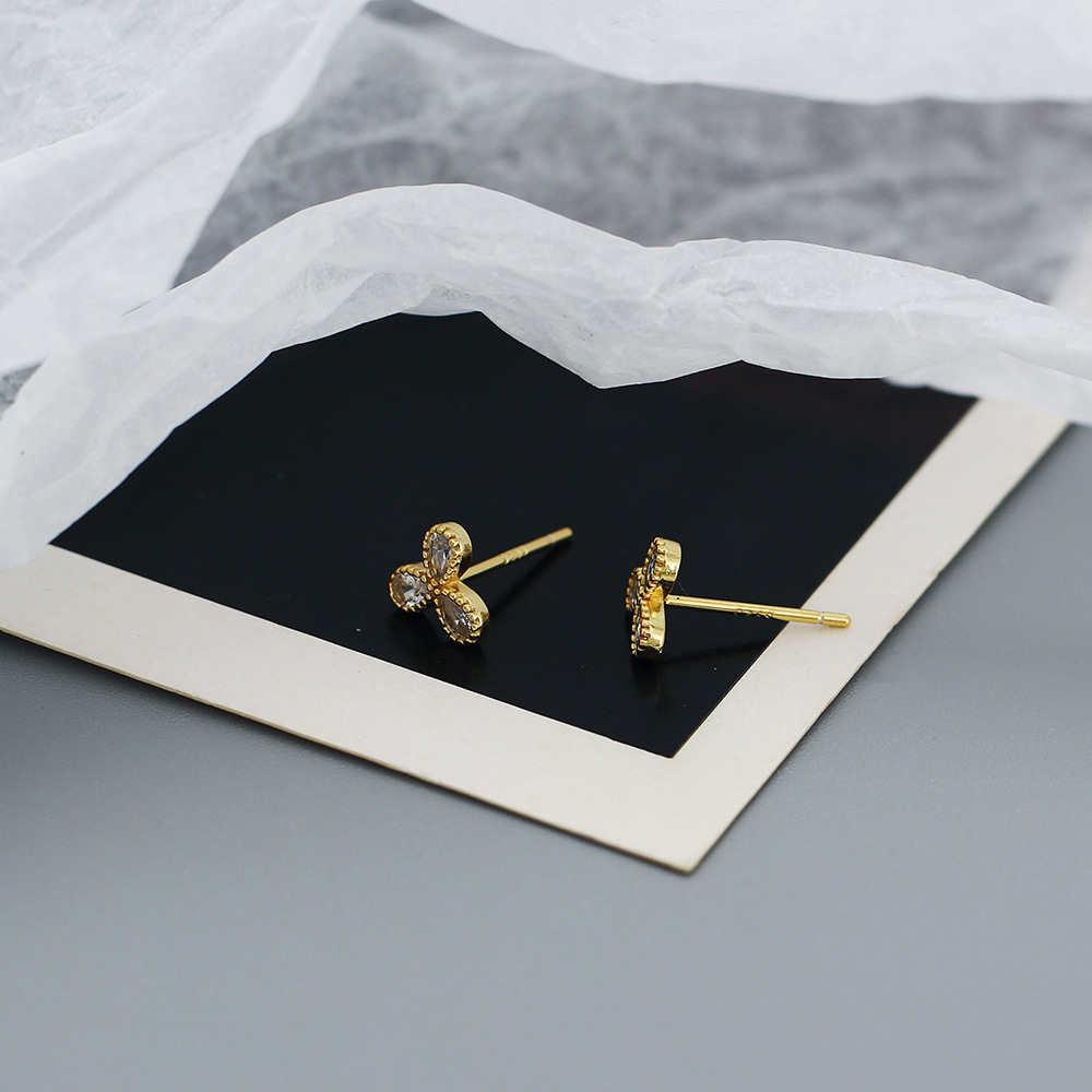 Fashion Shamrock Sterling Silver Inlay Zircon Ear Studs 1 Pair