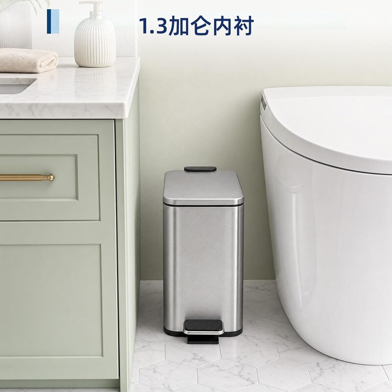 5L stainless steel foot-operated trash can, rectangular shape, with lid, odor-proof, slow-closing mechanism, quiet operation, and removable inner bucket, featuring a simple and modern design 5L stainless steel foot-operated trash can, rectangular shape, with lid, odor-proof, slow-closing mechanism, quiet operation, and removable inner bucket, featuring a simple and modern design
