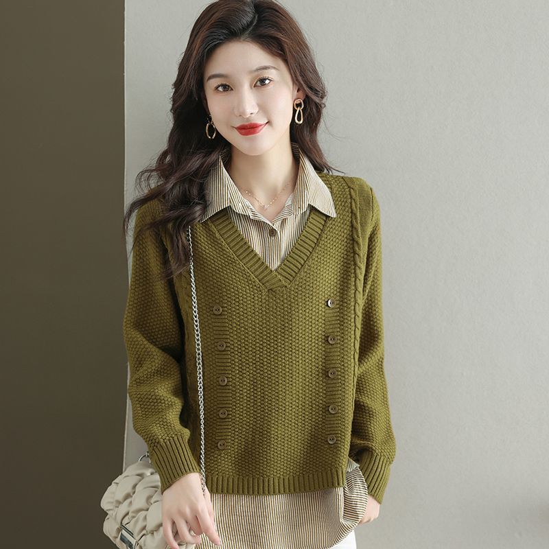 Fake Two-Piece Tops for Women, New Style, Loose, Fashionable, Shirt Collar Sweaters, Short Versatile Sweaters for Women