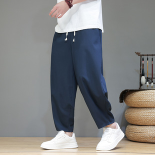 Summer new Chinese style men's ice silk cropped pants loose plus size wide leg bloomers a generation of hair
