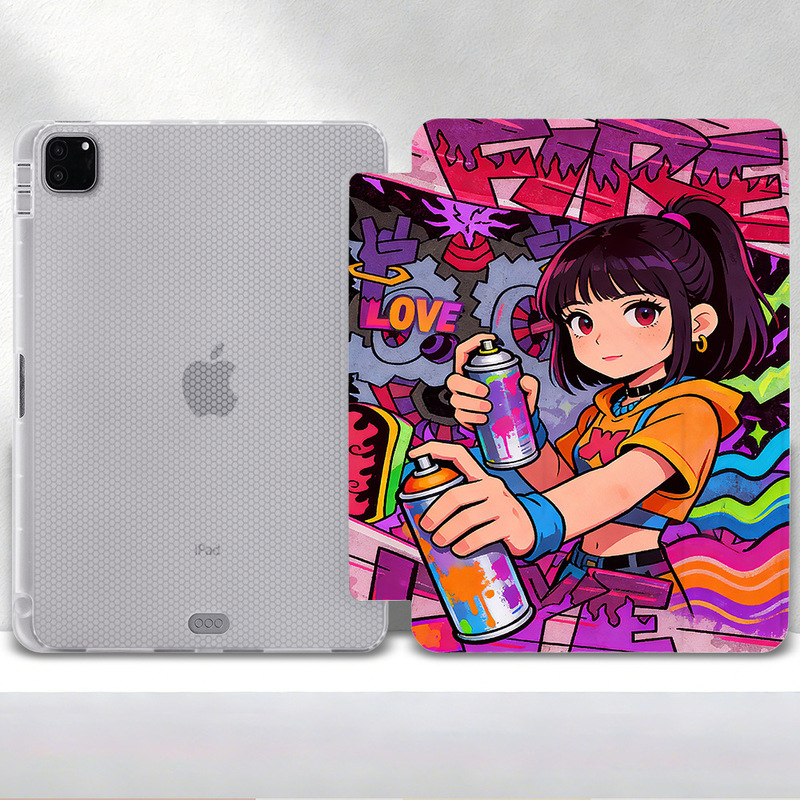 Trendy Graffiti-Style Tablet Protective Case for iPad Air 2, Stand for iPad 3+Y Foldable Pro 11, Transparent Shell, Anti-Drop