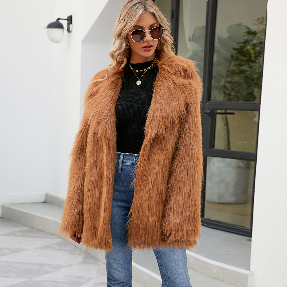 Women's Clothing fashionable casual tops women's fur mid length coats suit collar_voghion.com