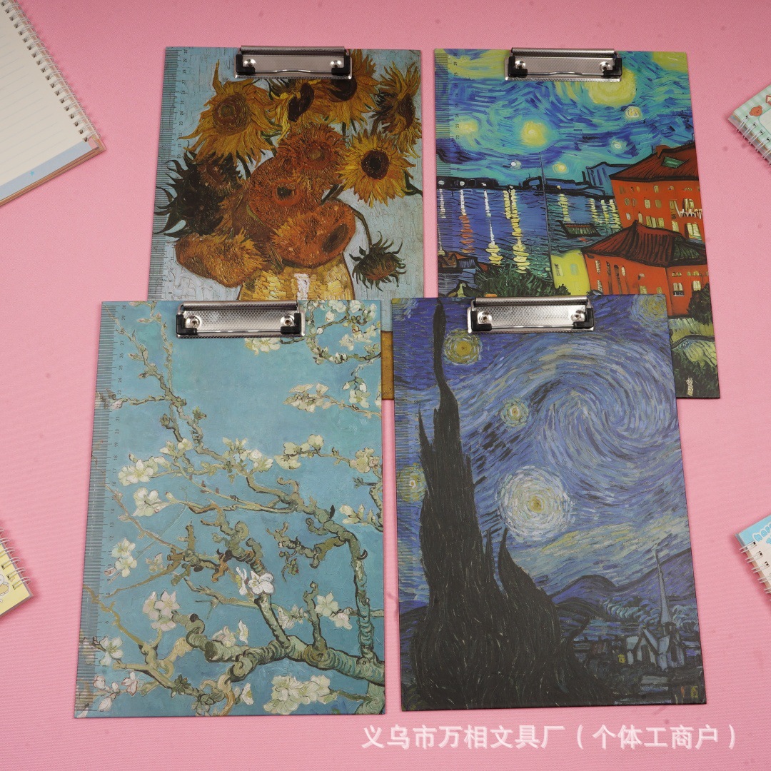 新款梵高A4板夹高颜值油画文件夹创意网红A4试卷夹板学生文具专用