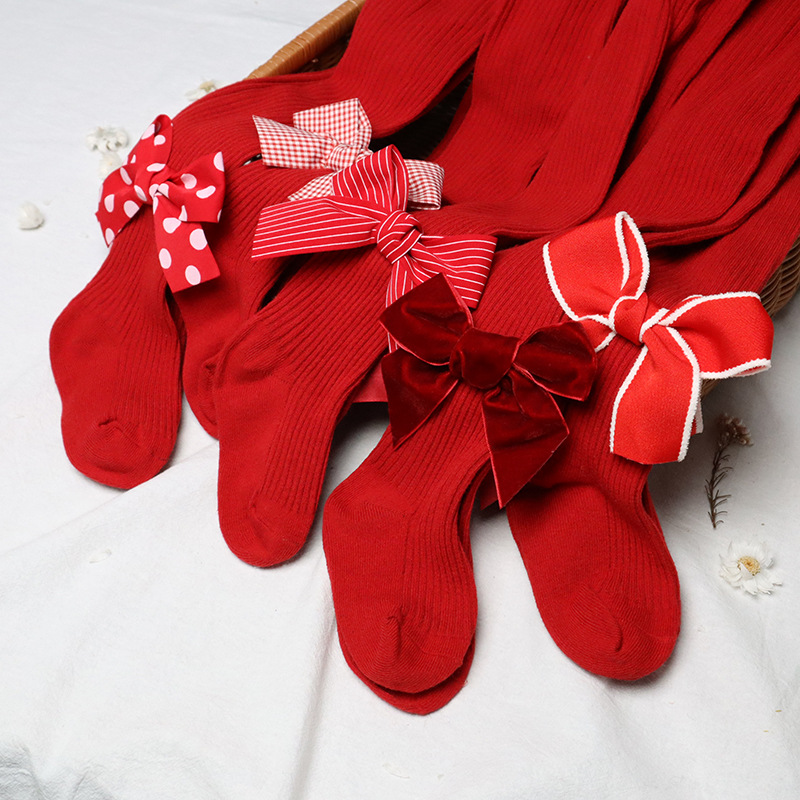 Toddler(3-6Years) Age Group Festival Occasion Warm Function Christmas Cute Solid Color Bowknot Cotton Pants & Leggings
