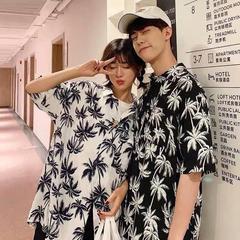 ins超人気花柄シャツレトロ香港風シック半袖ビーチバケーションハワイアンフラワーシャツカップル同じスタイル