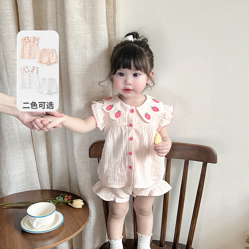 2025 Baby Summer Flying Sleeve Doll Shirt suit Girl Baby Kids Korean Pure Cotton Home Two-piece suit 3668