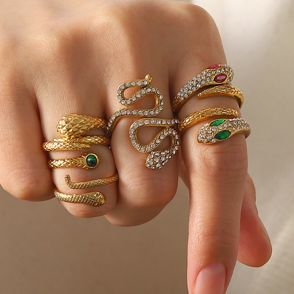 Vintage Style Snake Stainless Steel Plating Artificial Diamond Open Ring