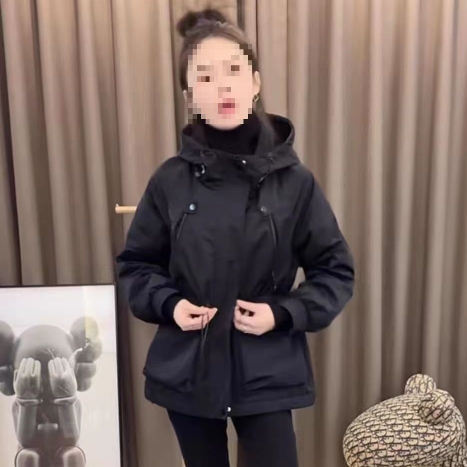 冬季新款时尚连帽中长款棉衣女抽绳收腰棉服加绒加厚风衣外套