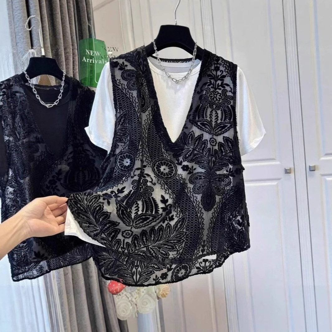 Flocked Fashion Summer New Style Small Fragrant Style Hollow Mesh Women's Design Niche Sleeveless Loose Vest Versatile