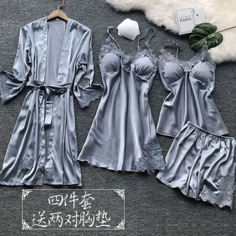 Топ с чашками, осенняя пижама, комплект, сексуальная slip dress, юбка, длинный рукав, халат