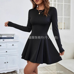 2025亚马逊跨境女装欧美简约纯欲红色连衣裙秋冬高腰修身中长款裙