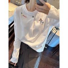 白色长袖恤女2025早秋新款设计感一粒纽半开领显瘦遮肉上衣印花