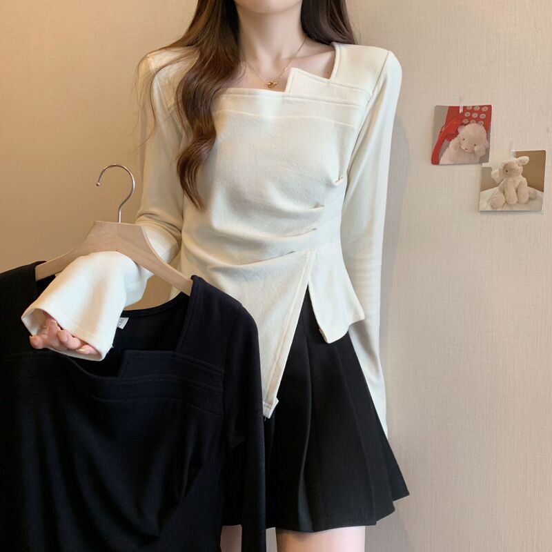 Plus Size Black Asymmetrical Bottoming Shirt for Women in Autumn and Winter, Fat mm Covering the Belly and Slimming Look, Right Shoulder Square Collar with Long-Sleeved Top Plus Size Black Asymmetrical Bottoming Shirt for Women in Autumn and Winter, Fat mm Covering the Belly and Slimming Look, Right Shoulder Square Collar with Long-Sleeved Top