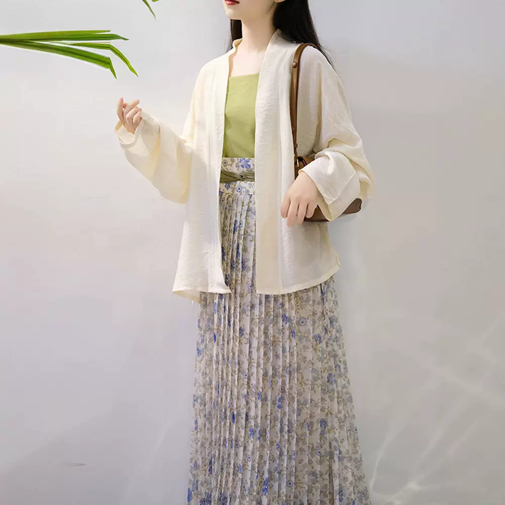 原创汉服女2025新款宋制飞机袖一片式百褶裙改良日常通勤套装春夏