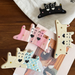 韓国のキュートな2匹の子犬のカラフルなラインストーン付きアセテートヘアクリップ、多用途で甘い女の子向け前髪クリップ、サイドクリップ