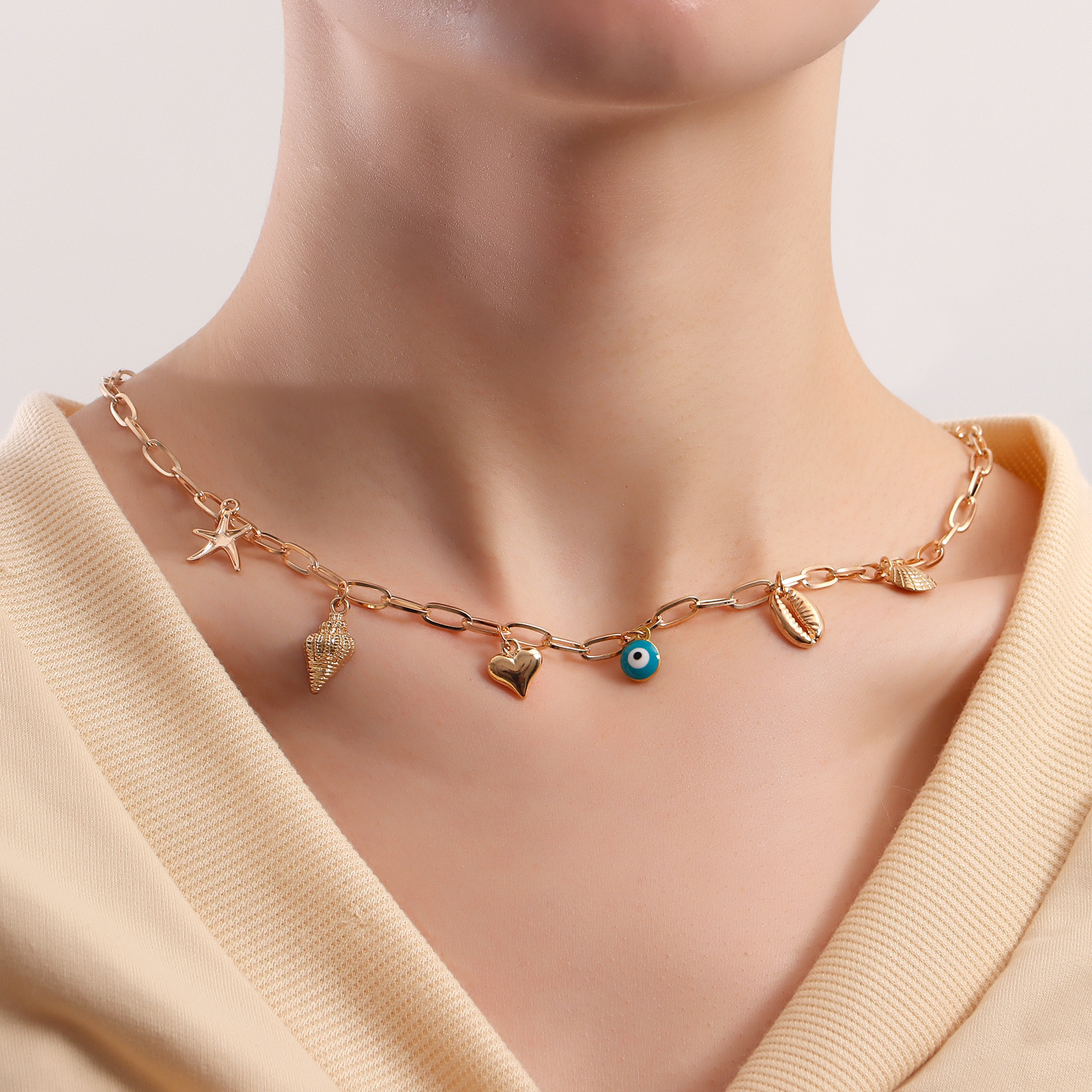 18g Weight Alloy Pendant Material Necklace Classification Alloy Chain Material 1 Piece Quantity Daily Occasion Alloy Material Devil's Eye, Starfish, Heart Shape Pattern Women's Gender Marine Style Style Marine Style Devil's Eye Starfish Heart Shape Alloy Wholesale Necklace 1