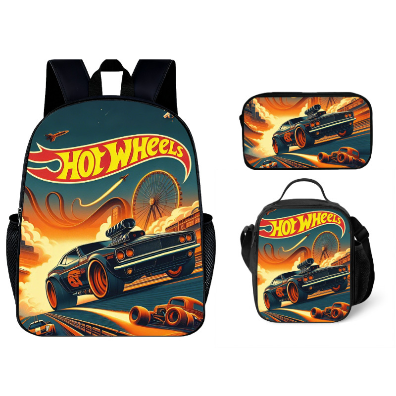 Cross-Border Best-Selling Hot Wheels Race School Bag, Lunch Bag, Pencil Case 3-Piece Set Hot Wheels Race Printed School Bag