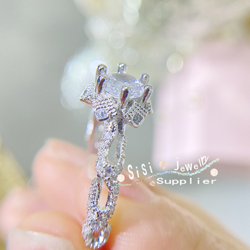 Sisi Hong Kong jewelry same style wedding ring, brilliant water drop zircon, 18K plated, niche bow ring, adjustable