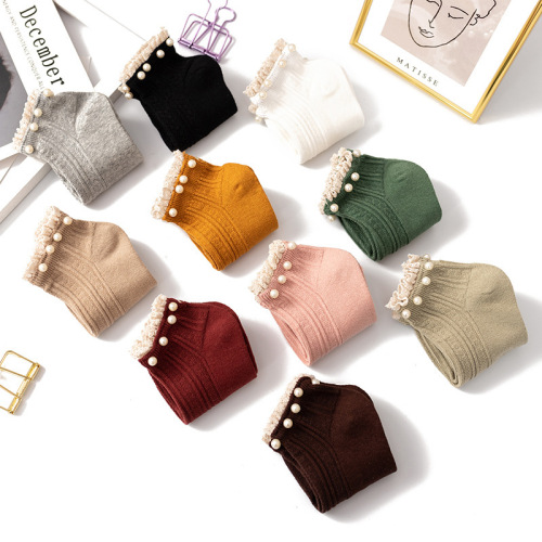 Spring and summer new women's socks, pearl lace boat socks, solid color cotton socks, simple and versatile, manufacturer wholesale