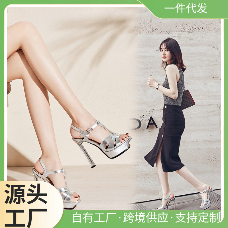 2025 New Summer Open-Toe Chunky High Heel Solid Color Sexy European and American Platform Transparent Crystal Heel Sandals 13cm
