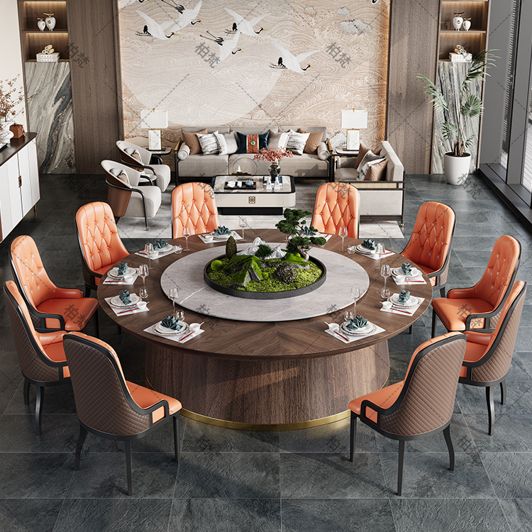 Nuevo estilo chino de madera maciza mesa de comedor de tabla de roca combinación de hotel de alta calidad 3m mesa redonda eléctrica giratoria mesa de comedor para 20 personas